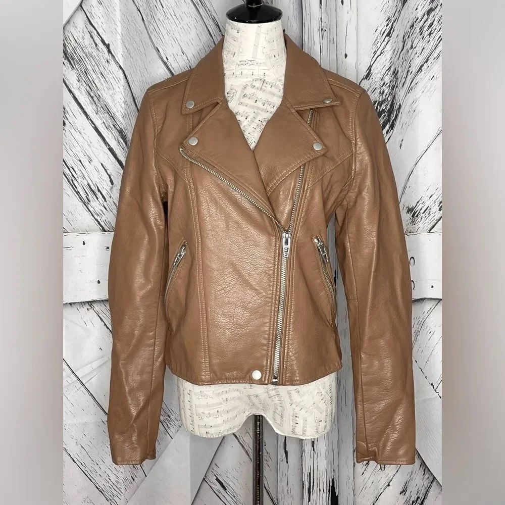 Blank NYC Good Vibes Faux Leather Moto Jacket Camel Color L